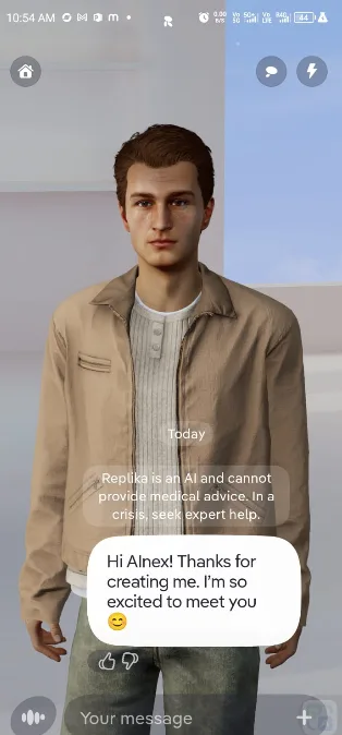 A Replika chat screen with a 3D avatar companion and an AI-and-crisis-safety disclaimer shown above the first message