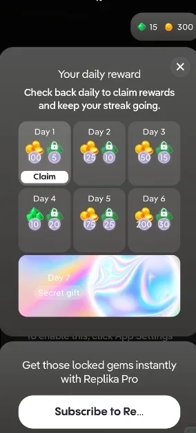 A Replika daily-reward popup offering in-app gems and coins to collect, with a prompt to unlock them through Replika Pro