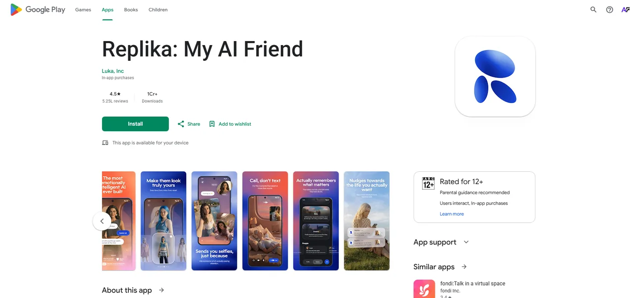 Replika's Google Play listing by Luka, Inc., showing its star rating, review count, download total and content rating