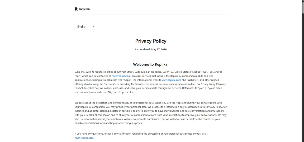 Replika's privacy policy from Luka, Inc. of San Francisco, updated May 2026, stating an 18-plus audience and a pledge not to use conversation content for marketing