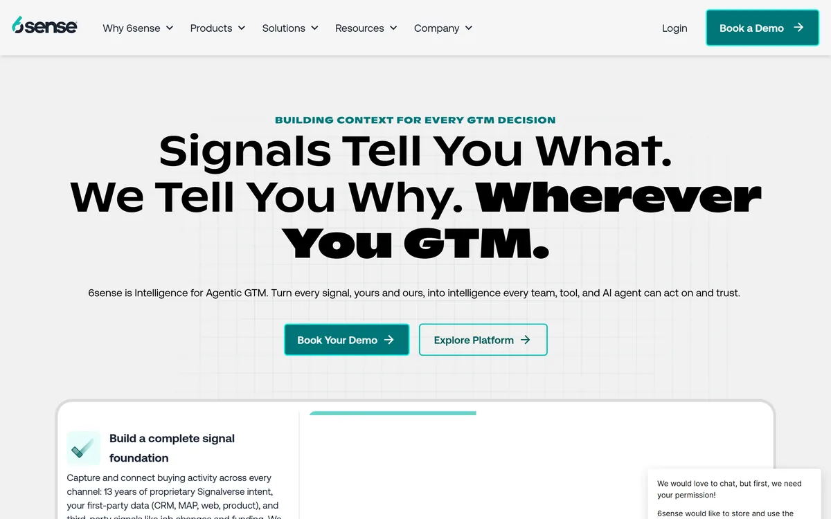 The 6sense homepage describing an ABM platform powered by revenue intelligence