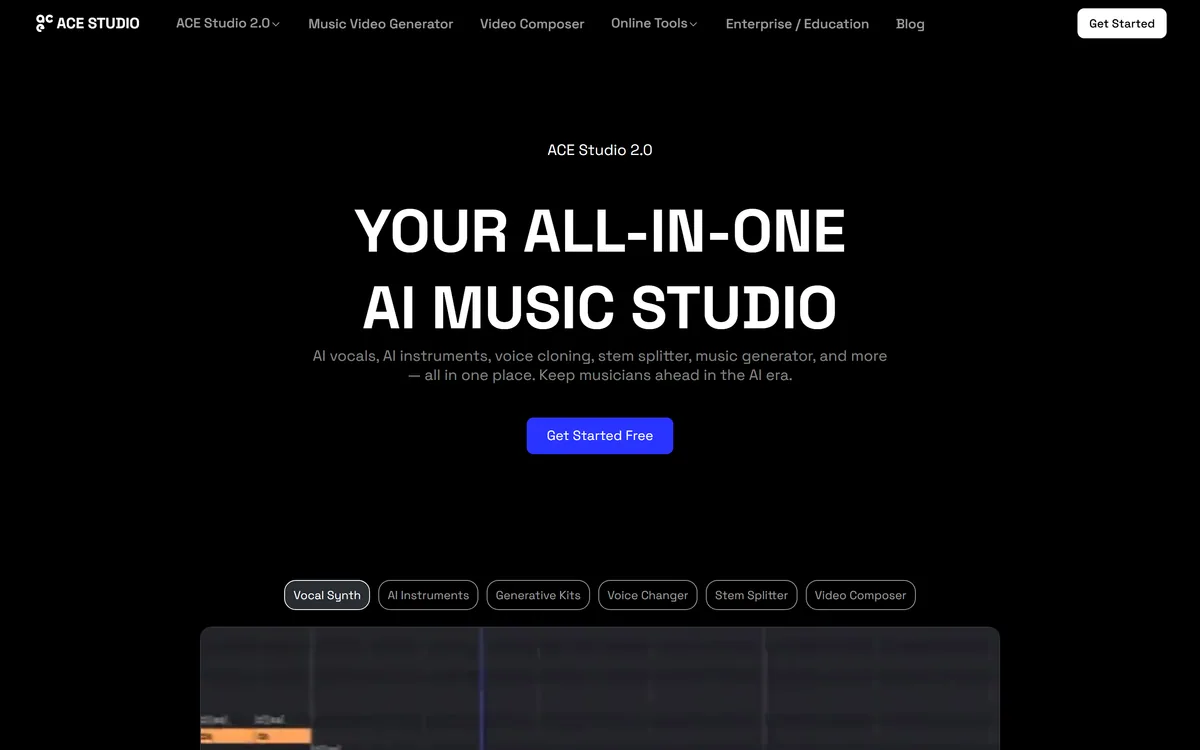 ACE Studio's homepage describing an all-in-one AI music studio with singing voice synthesis