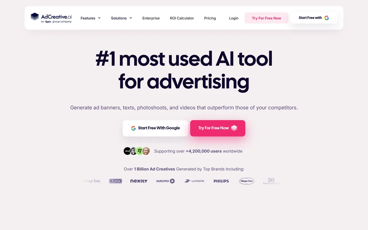 AdCreative.ai homepage showing AI-generated advertising creatives and conversion scoring