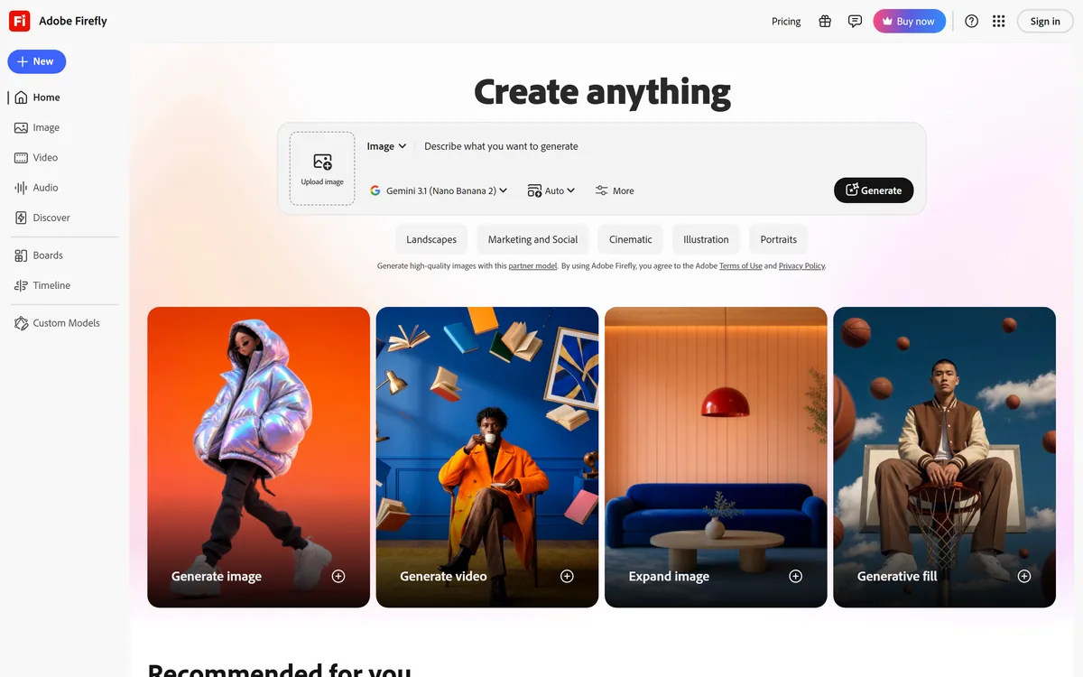 Adobe Firefly's homepage presenting its generative AI tools for images, video, and audio