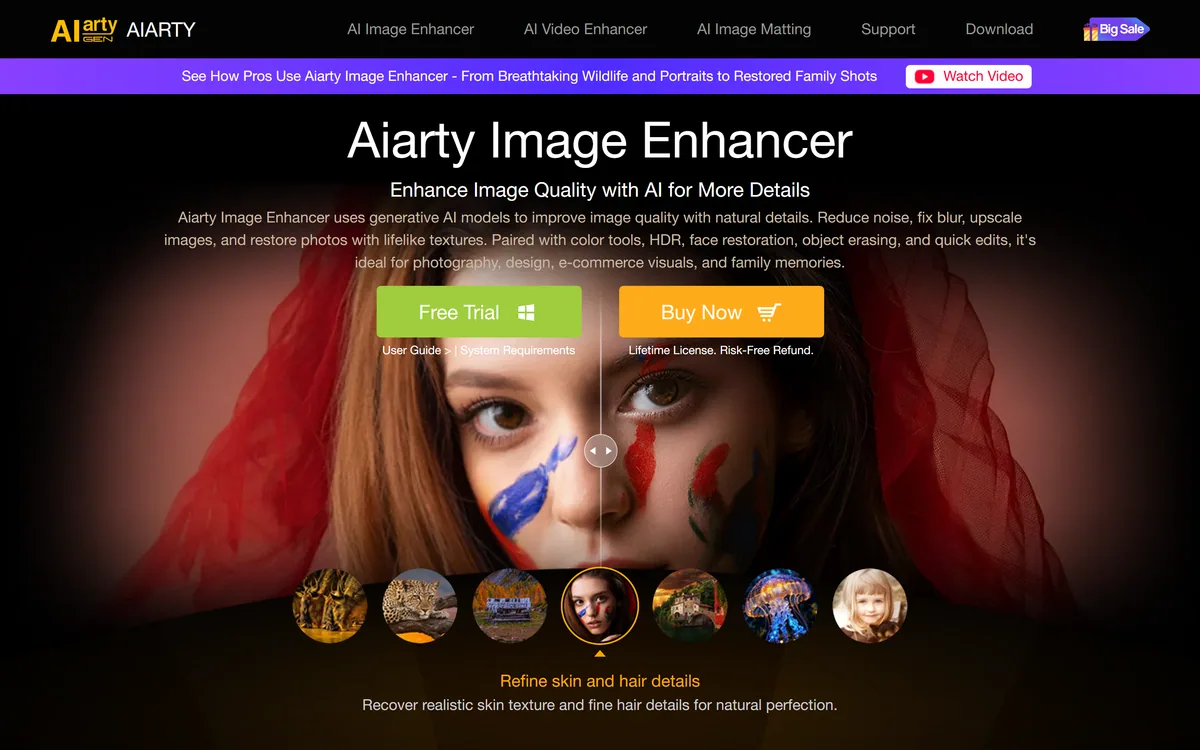 Aiarty Image Enhancer's page showing AI image upscaling, denoising and restoration on desktop