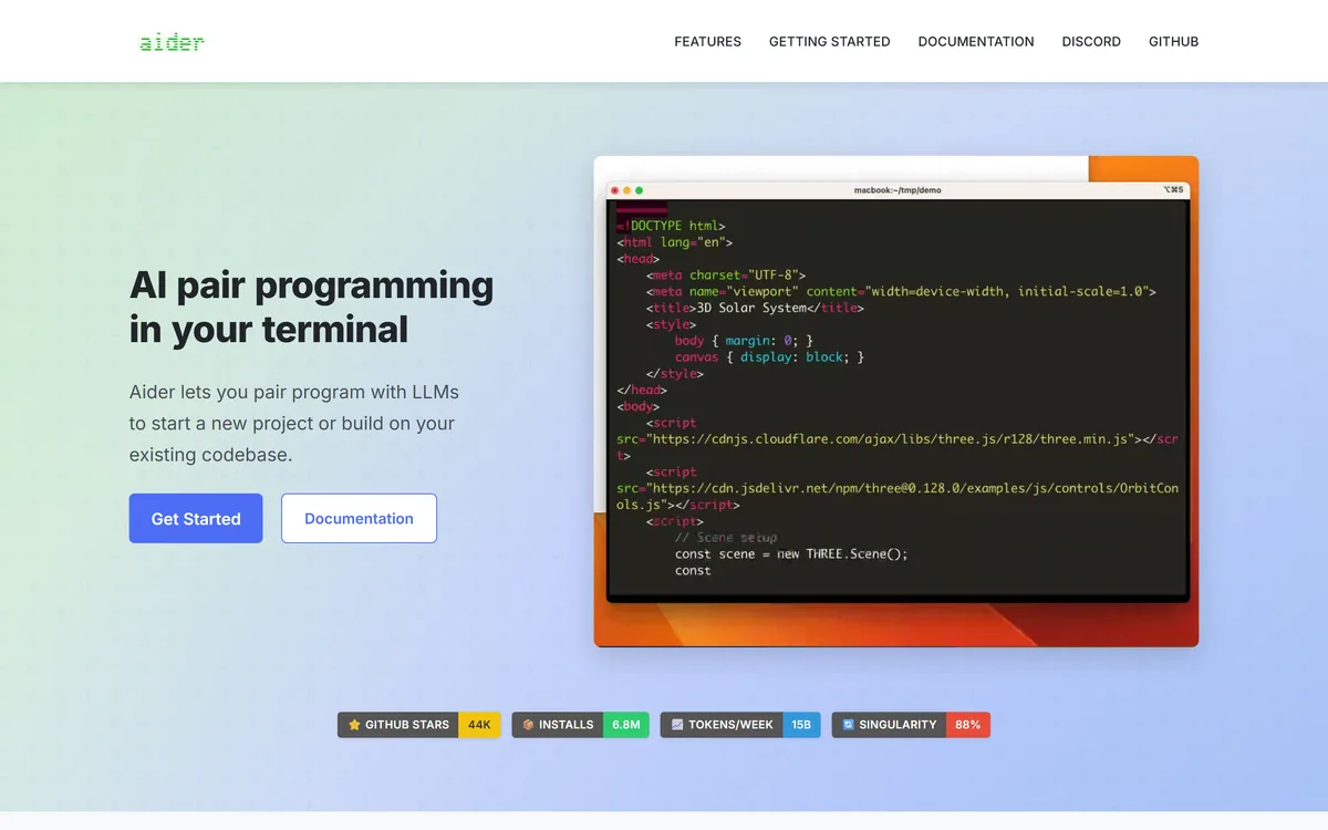Aider homepage showing AI pair programming in the terminal with git integration