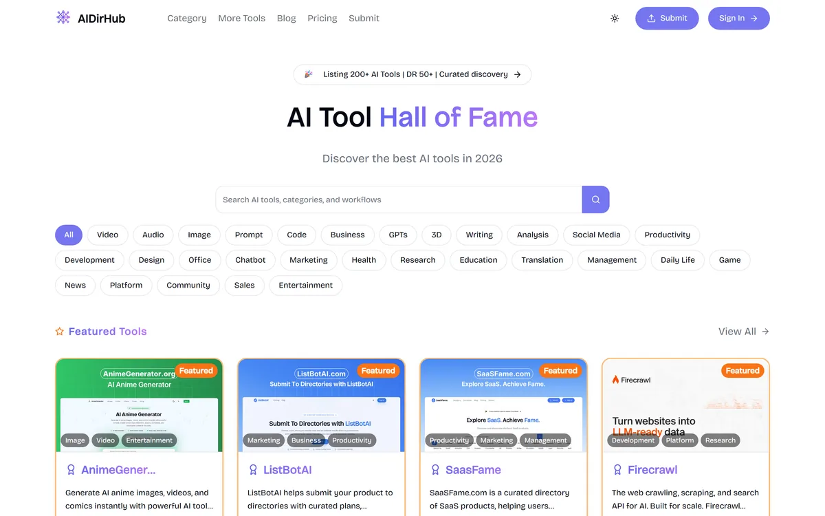 AIDirHub's homepage showing a curated directory of AI tools with categories and featured listings