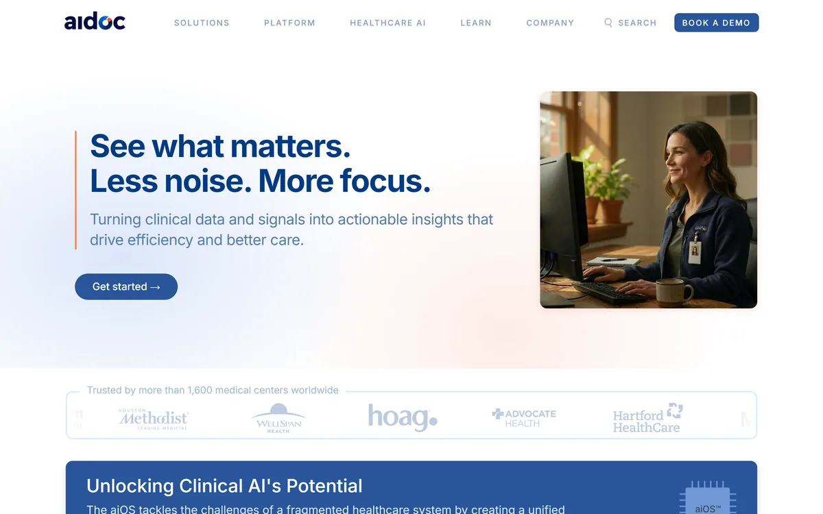 Aidoc's homepage presenting its clinical AI platform for health systems