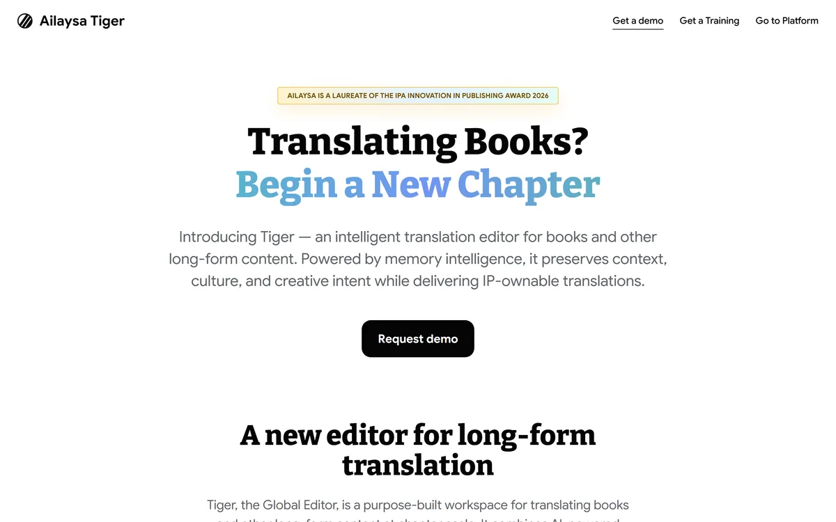 Ailaysa's homepage describing an intelligent translation editor for books and long-form content