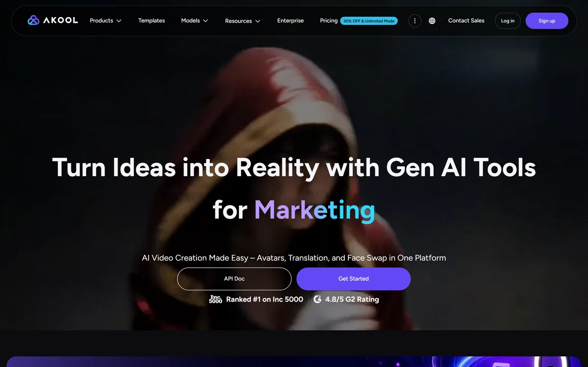 Akool homepage showing AI avatars, video translation and face swap tools