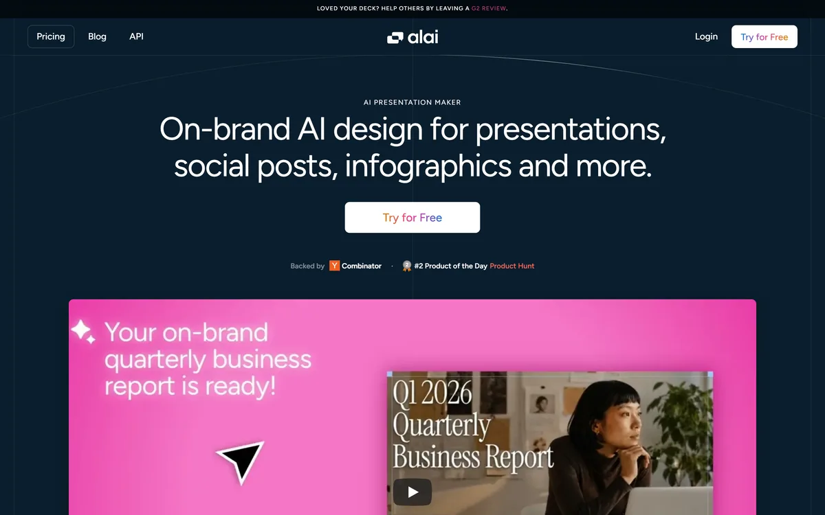The Alai homepage showing an AI presentation maker producing on-brand slide designs