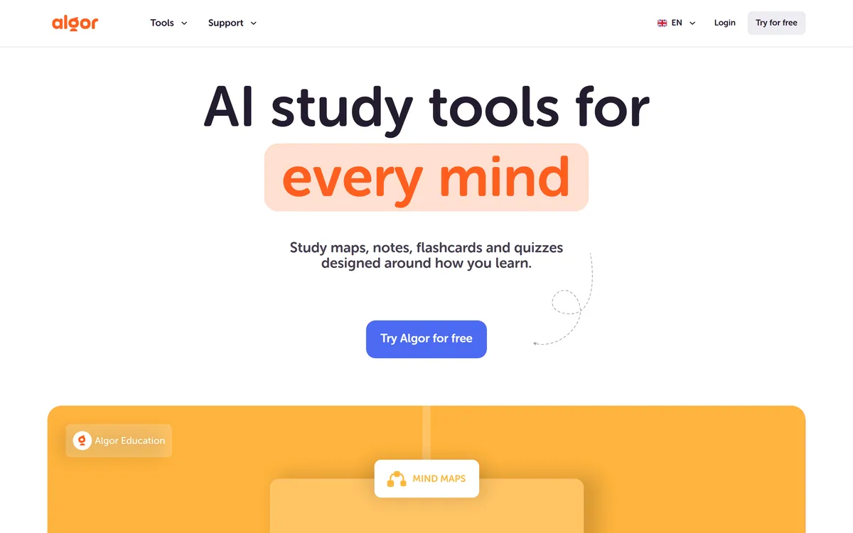 The Algor Education homepage showing AI study tools: maps, notes, flashcards and quizzes