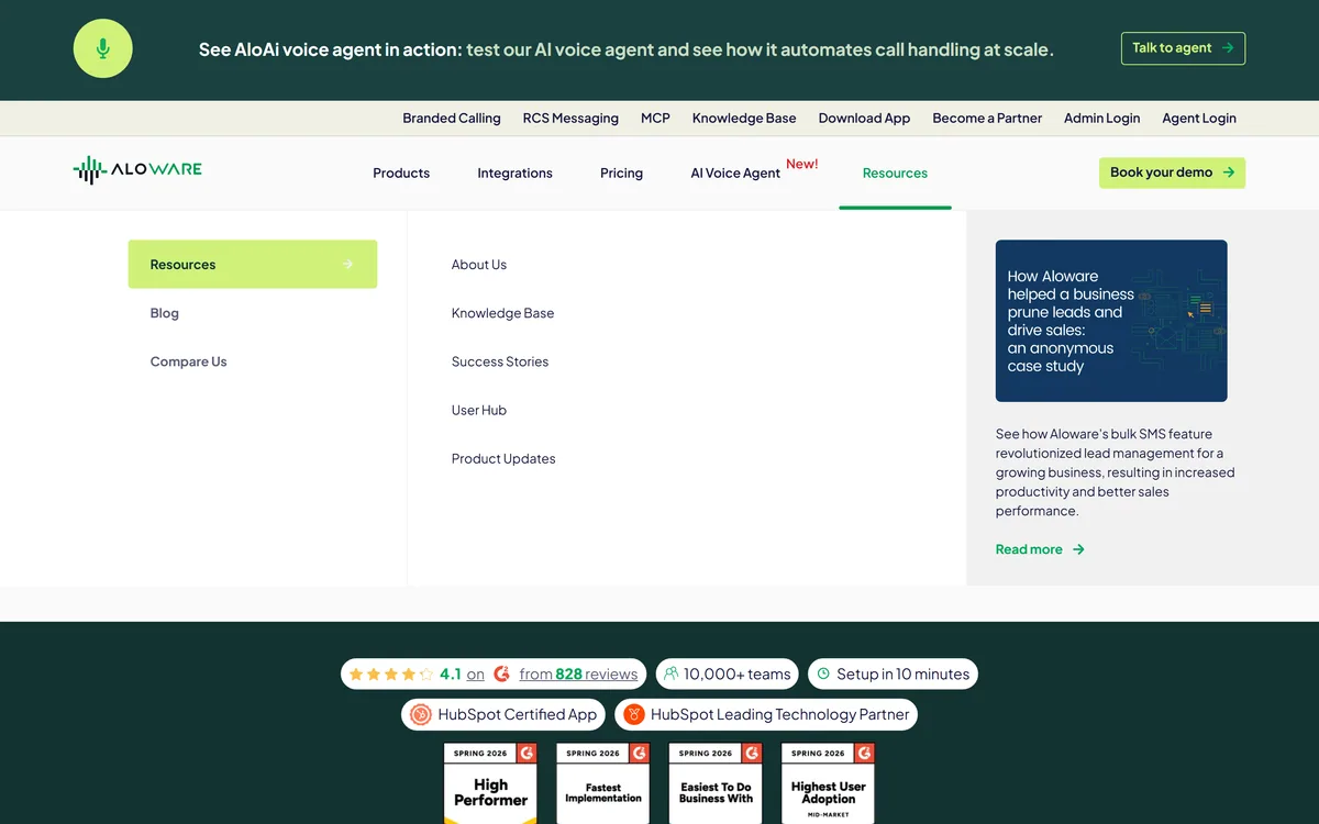 Aloware homepage showing the AI-powered phone system for sales teams