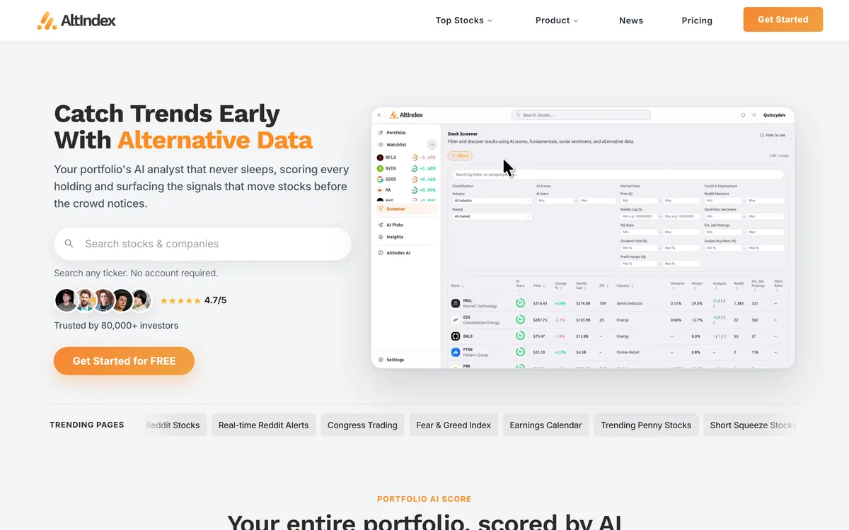 AltIndex's homepage showing AI stock scores built from alternative data signals