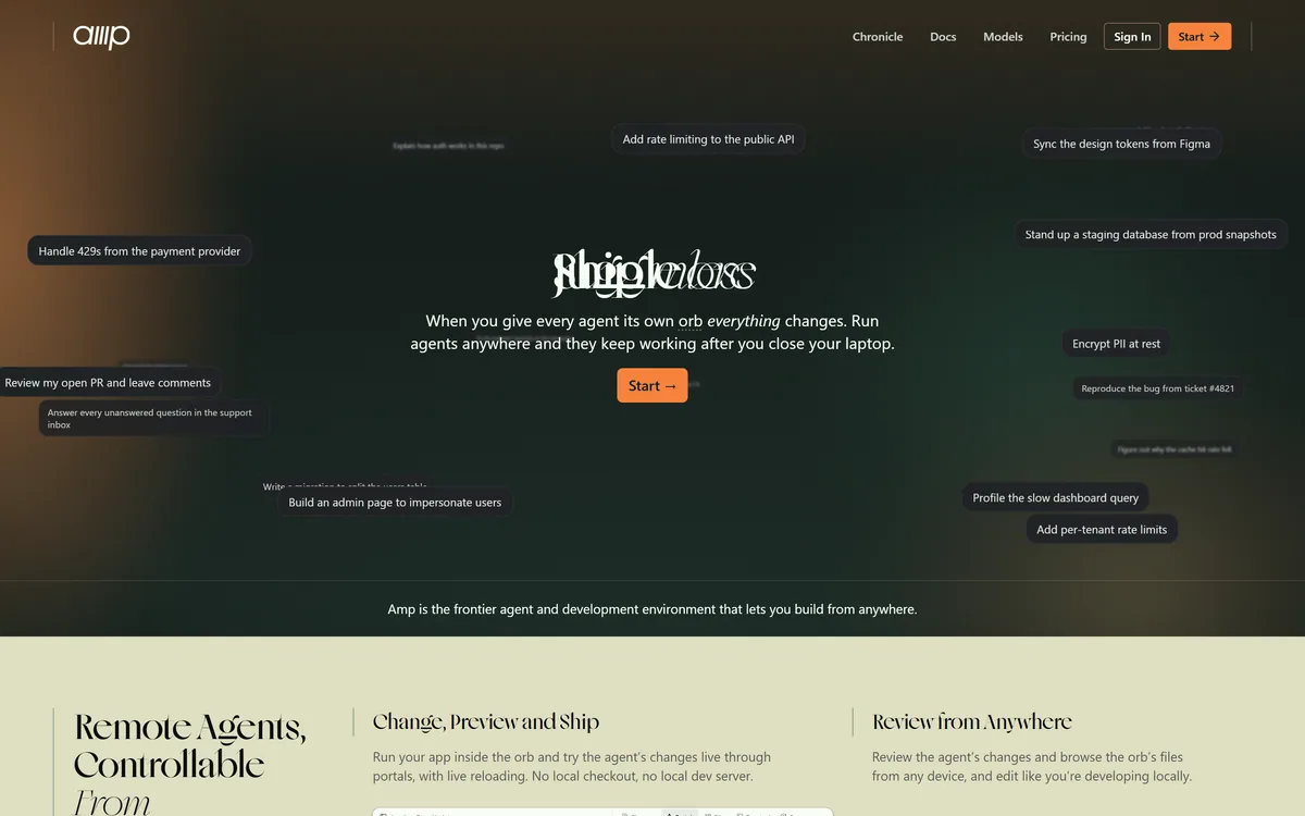 Amp homepage showing the Sourcegraph agentic coding tool for the terminal and editor