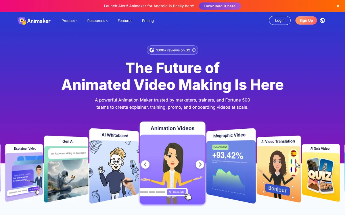 The Animaker homepage describing an animation maker for beginners and pros