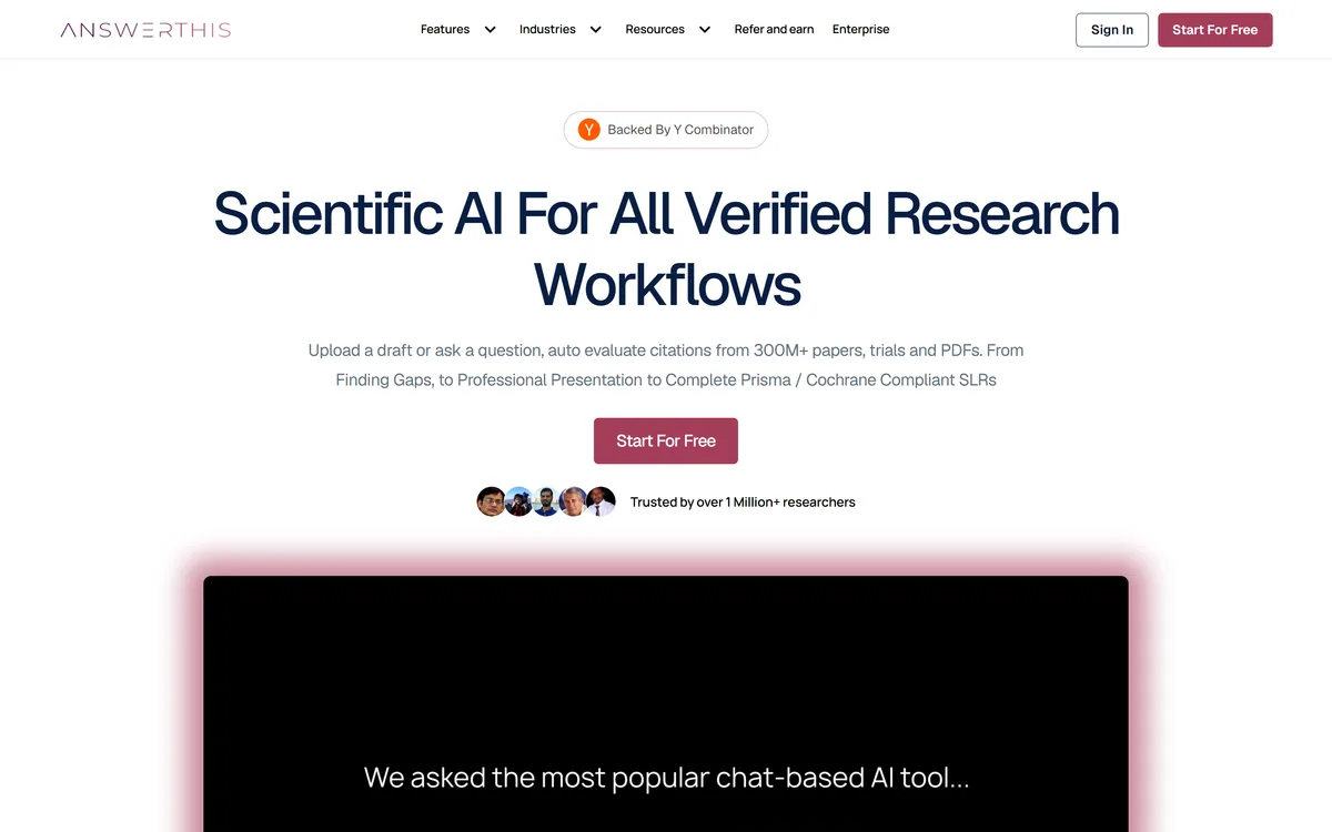 The AnswerThis homepage describing an AI research assistant for literature reviews