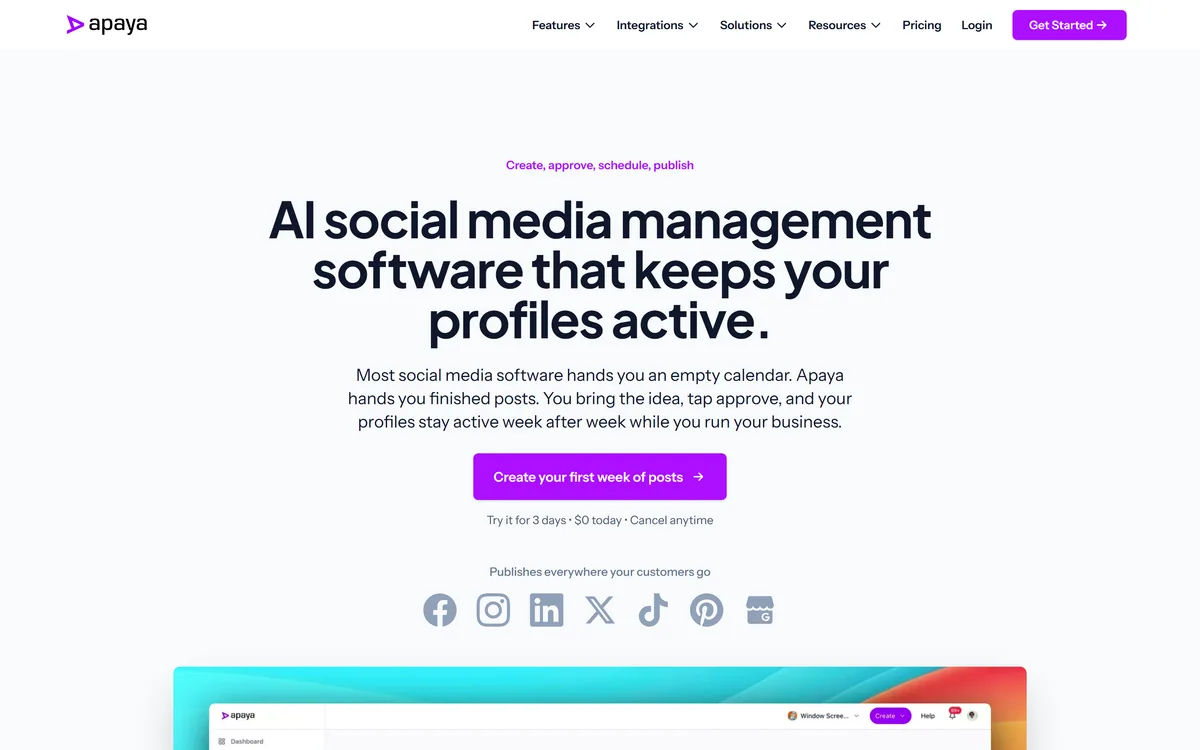 Apaya homepage showing the AI social media management workflow