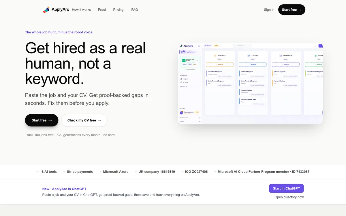 ApplyArc homepage showing the job application tracker and AI tools for CV tailoring