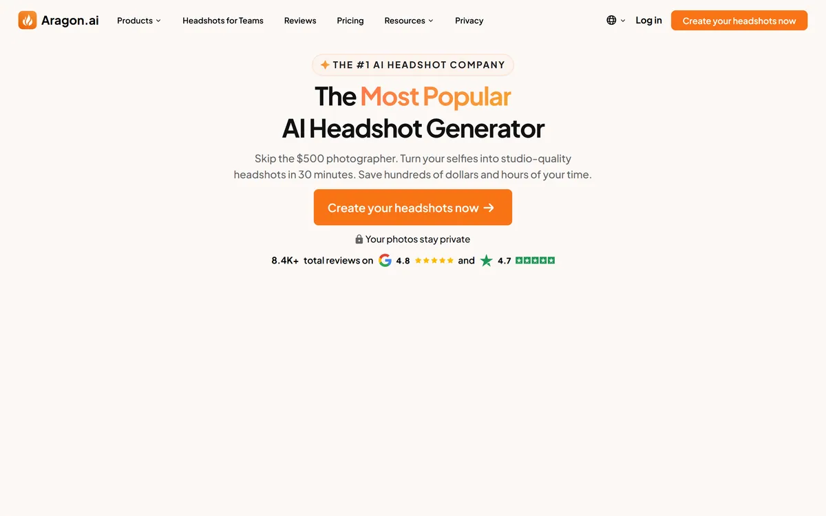 Aragon.ai's homepage offering an AI headshot generator that turns selfies into professional photos