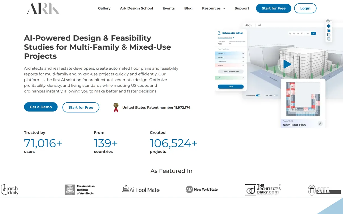 Ark Design AI homepage showing AI-generated floor plans and feasibility studies for developers