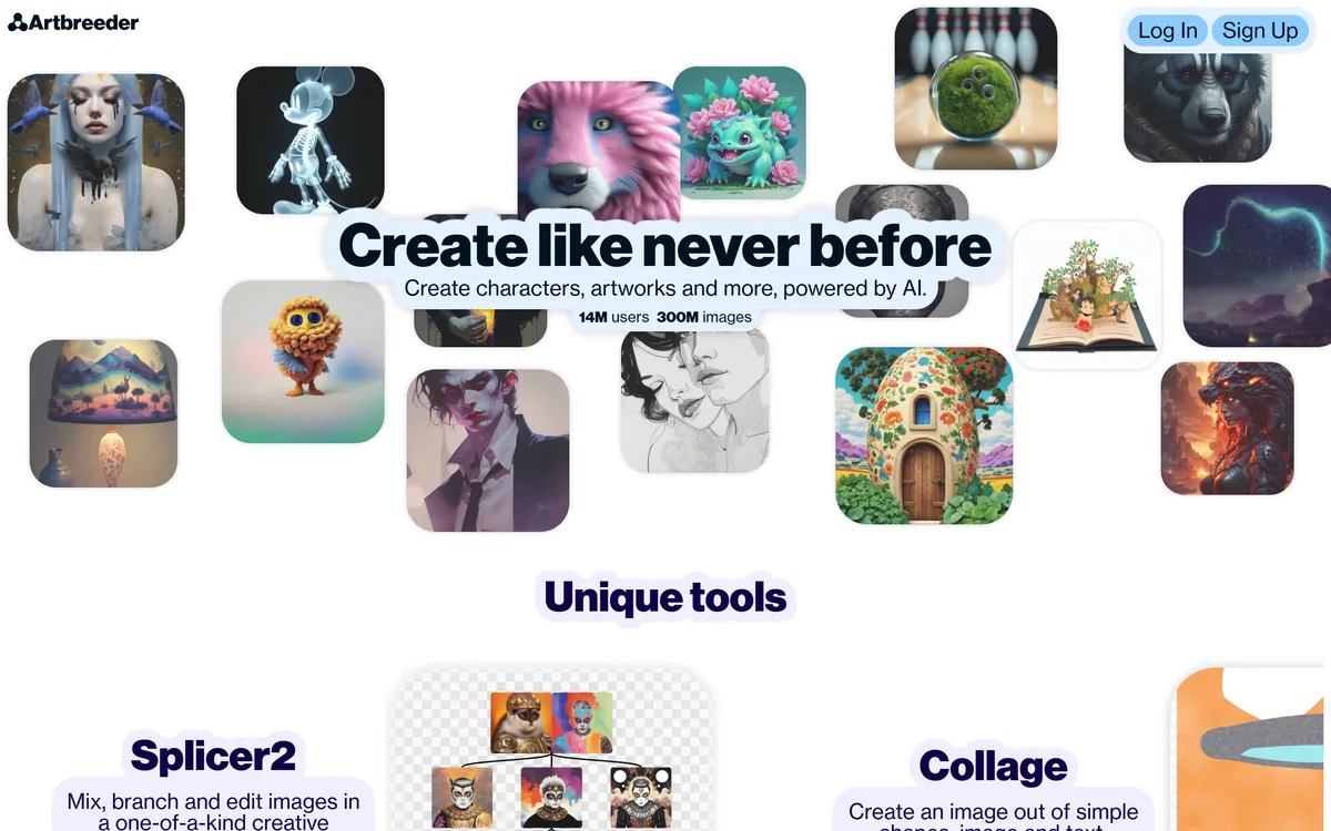 The Artbreeder homepage inviting users to create characters and artworks with AI