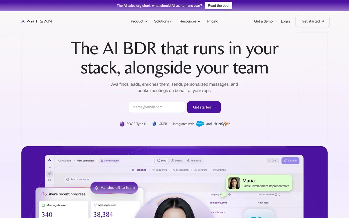 Artisan's homepage describing Ava, an autonomous AI business development representative