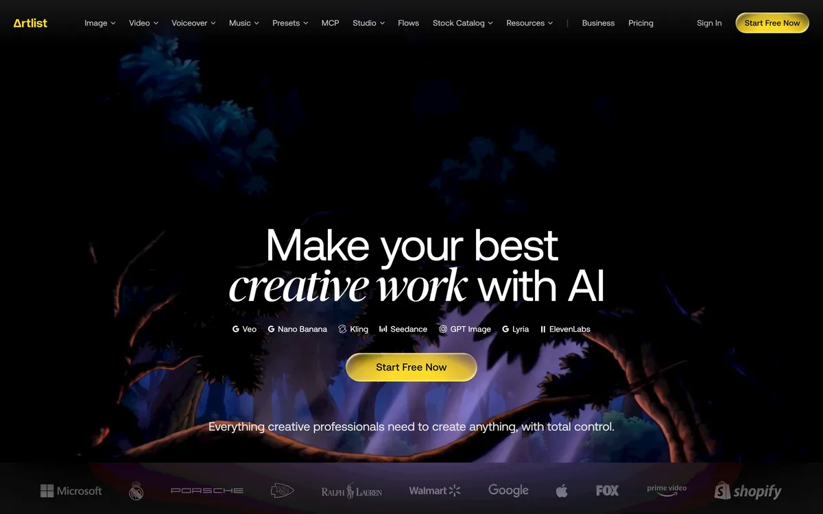 The Artlist homepage showing AI creative tools for image, video, voiceover and music generation