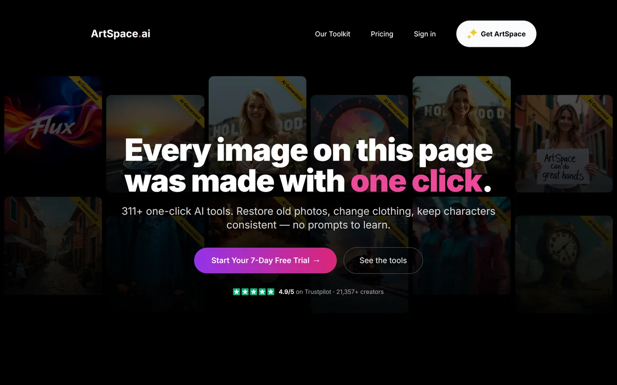 The ArtSpace.ai homepage showing a grid of one-click AI image tools