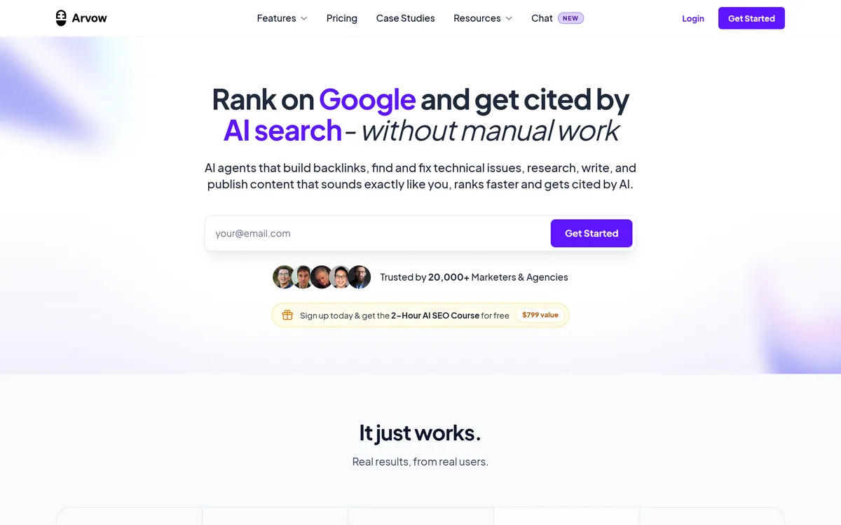 The Arvow homepage promising to rank on Google and get cited by AI search