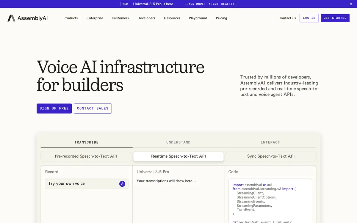 AssemblyAI homepage presenting voice AI infrastructure and speech-to-text APIs for developers