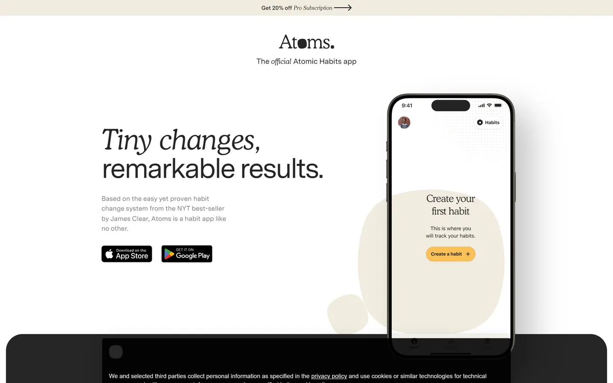 The Atoms homepage describing the official Atomic Habits app by James Clear