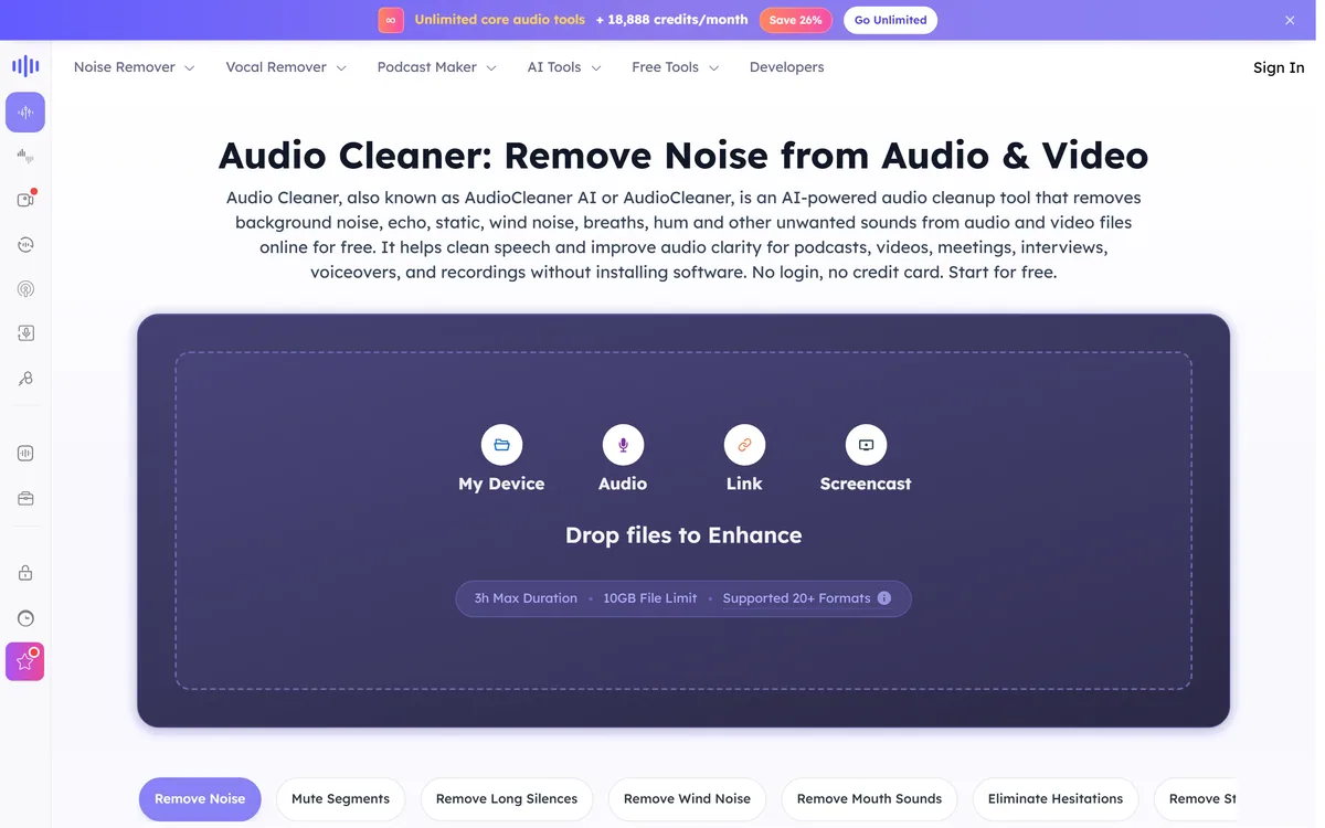 AudioCleaner AI homepage showing noise removal, vocal isolation and stem splitting tools