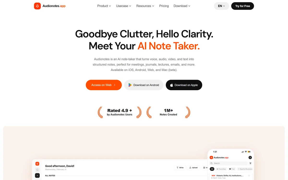 The AudioNotes homepage showing an AI note taker turning audio into structured notes