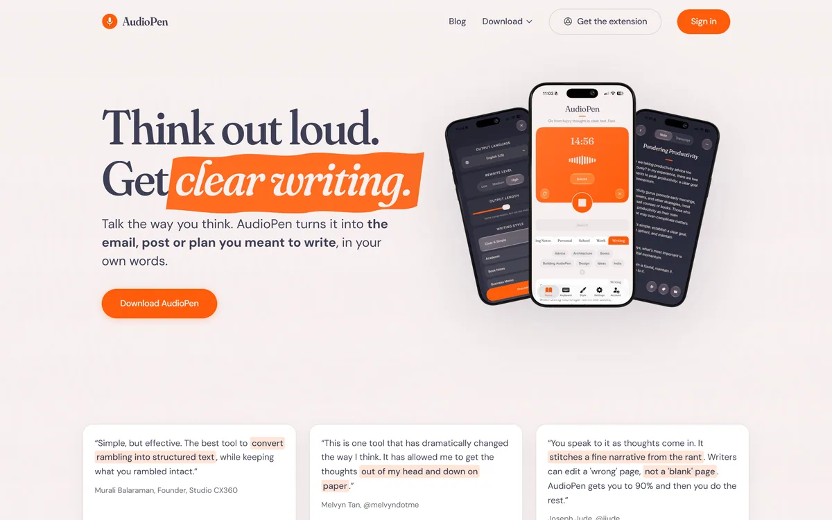 The AudioPen homepage showing a spoken thought turned into clear, polished writing