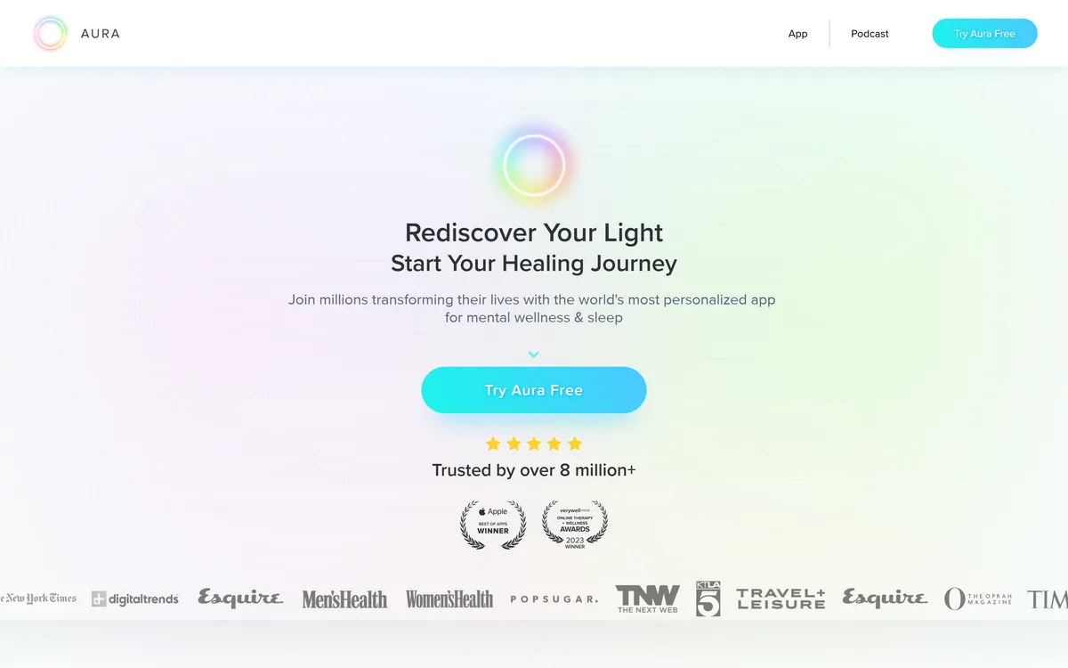 The Aura homepage describing a mental wellness and sleep app
