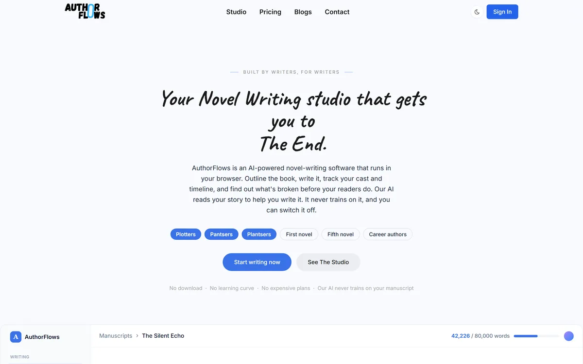 AuthorFlows' homepage describing browser-based novel writing software built by writers for writers