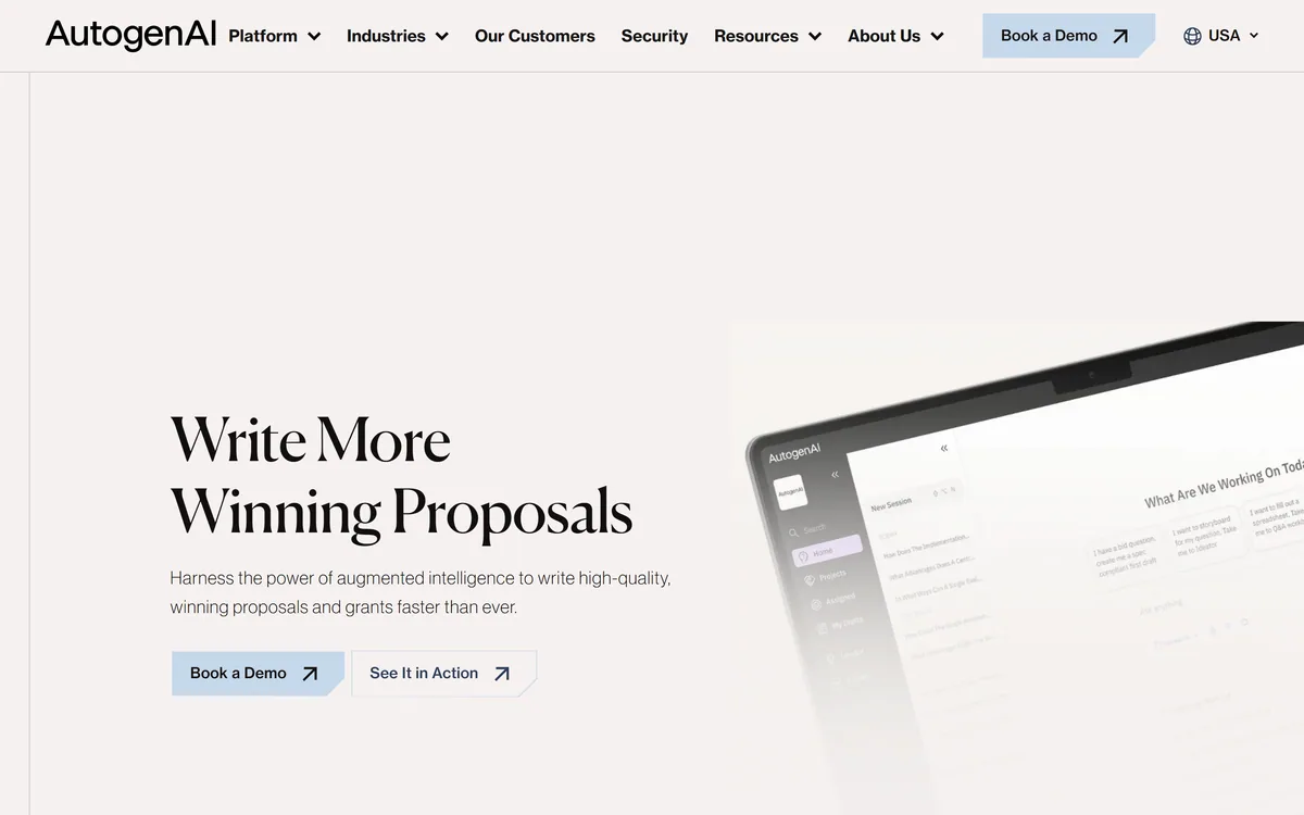 AutogenAI's homepage describing AI-assisted proposal and grant writing for bid teams