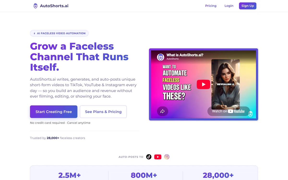 AutoShorts.ai's homepage offering automated faceless short-form video posted to TikTok, YouTube and Instagram