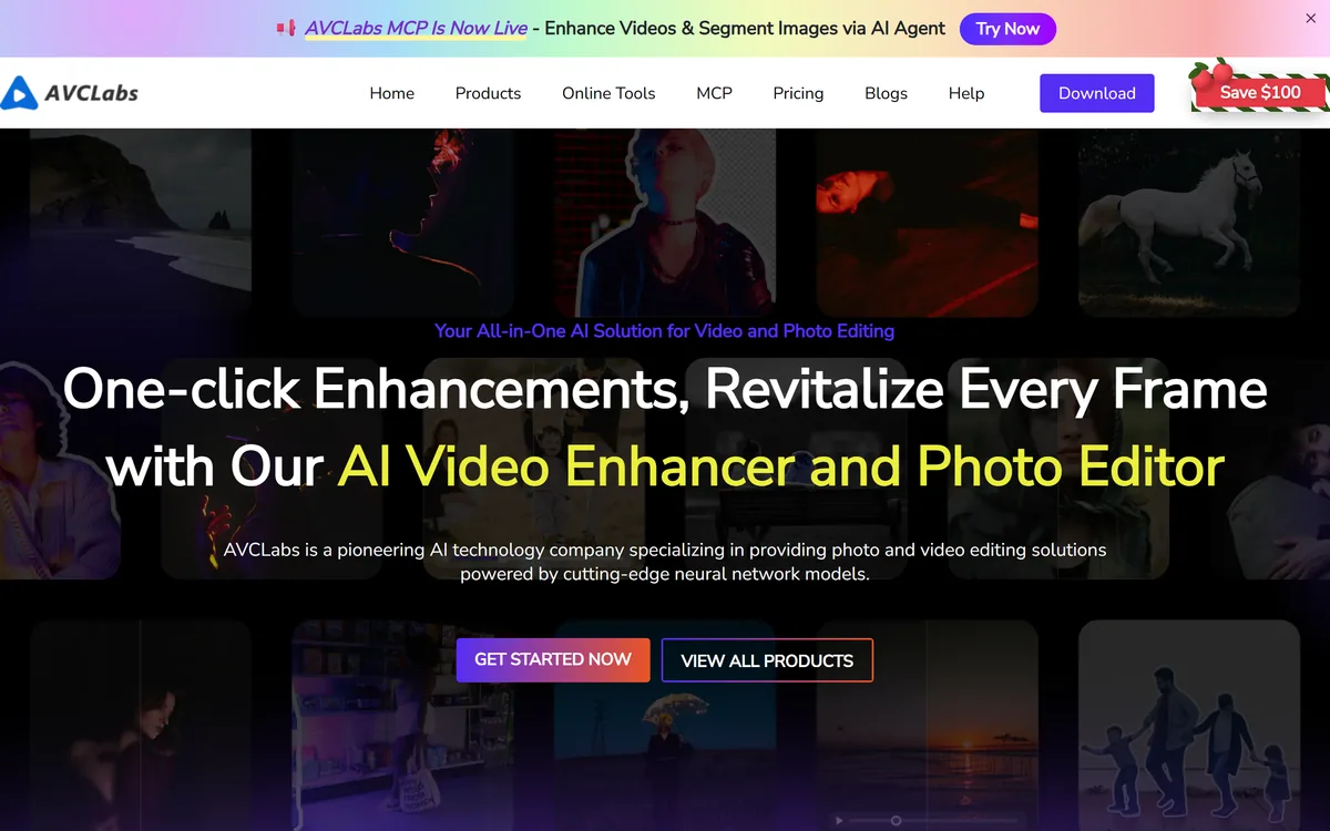The AVCLabs homepage describing AI video and photo enhancement software