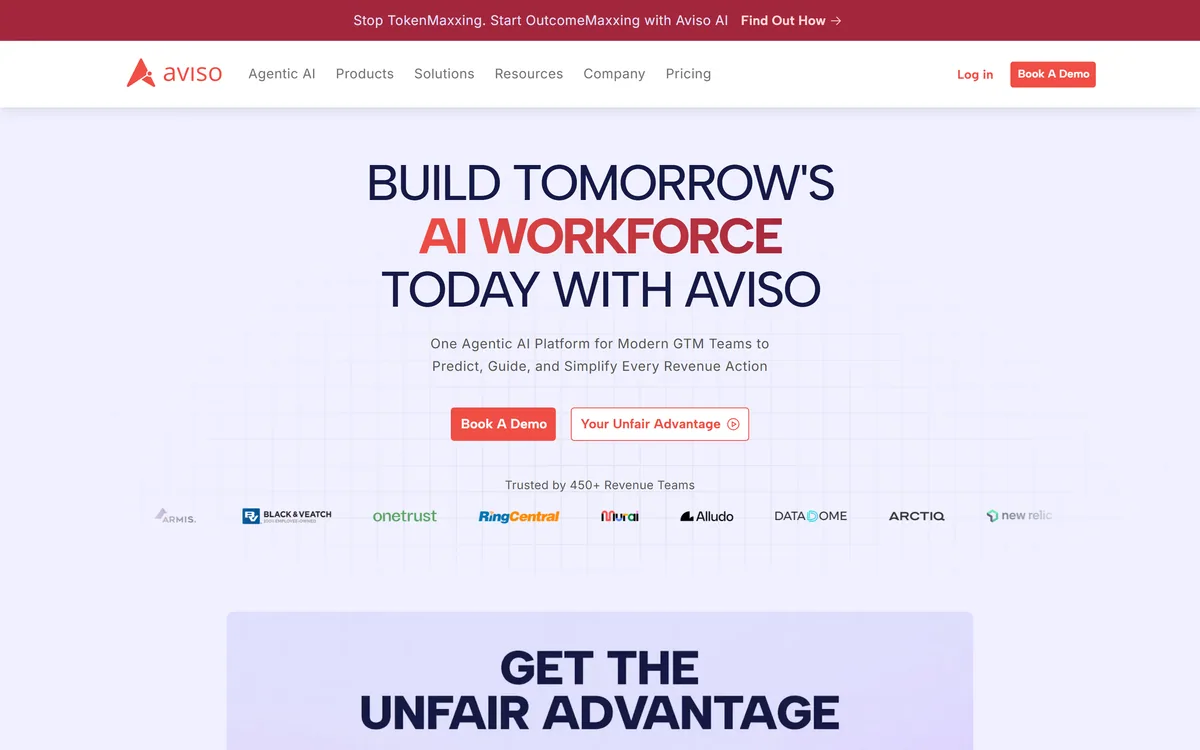 Aviso's homepage describing an agentic AI platform for revenue and go-to-market teams