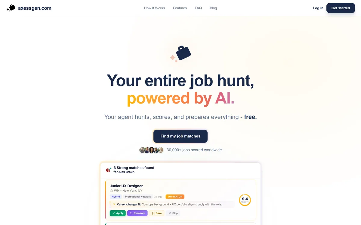 axess's homepage describing free AI job-search software that finds and evaluates opportunities