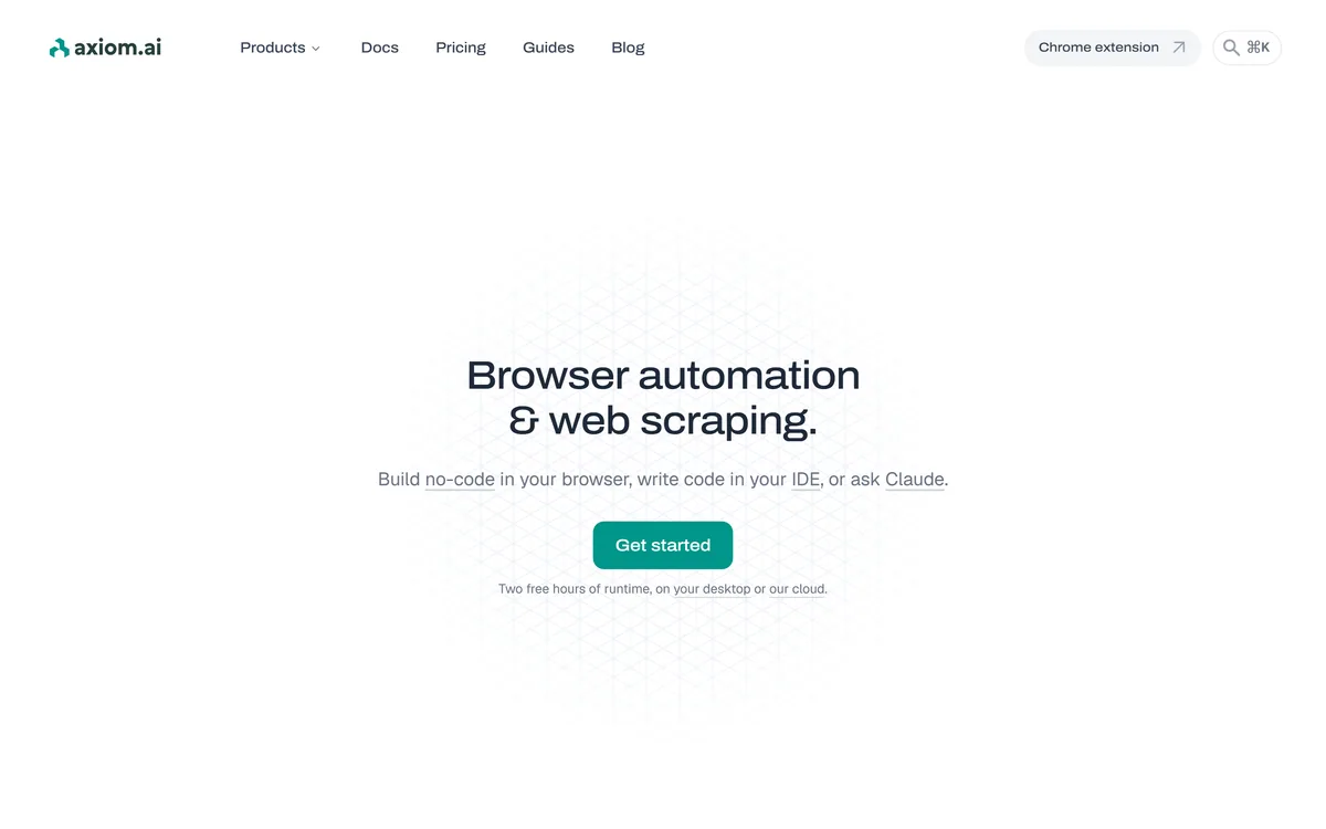 The Axiom homepage describing no-code and code browser automation