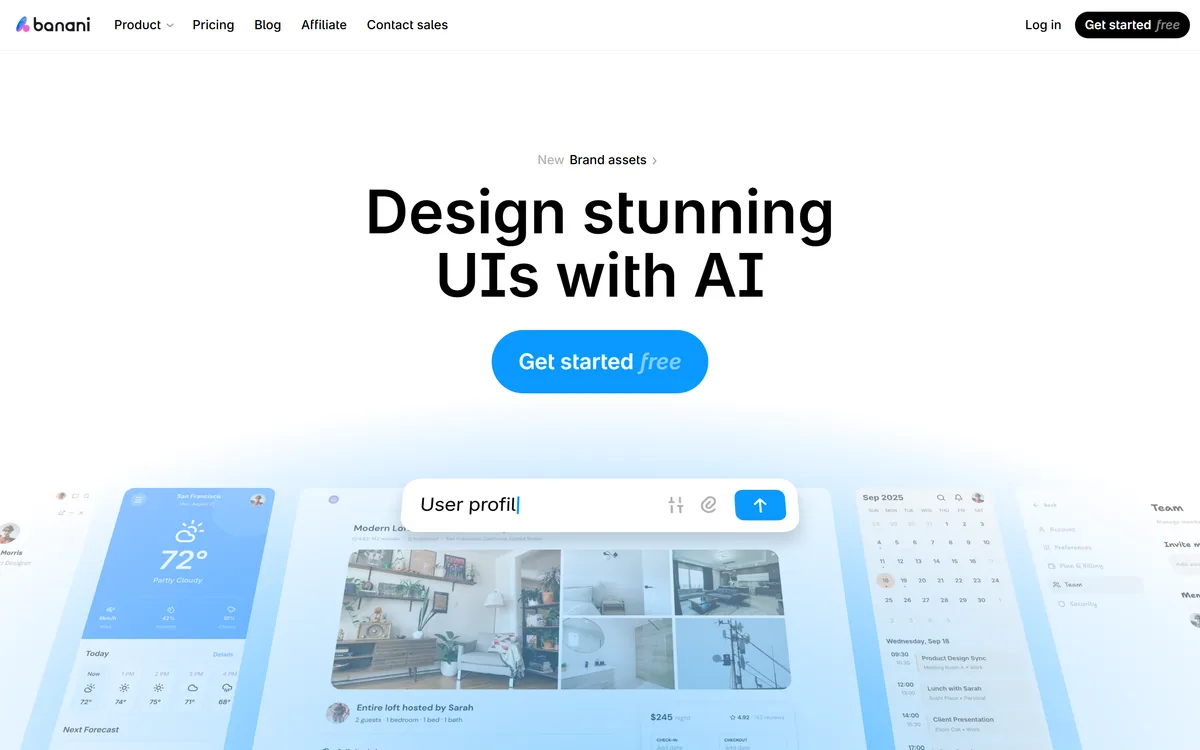 The Banani homepage describing AI UI design from text
