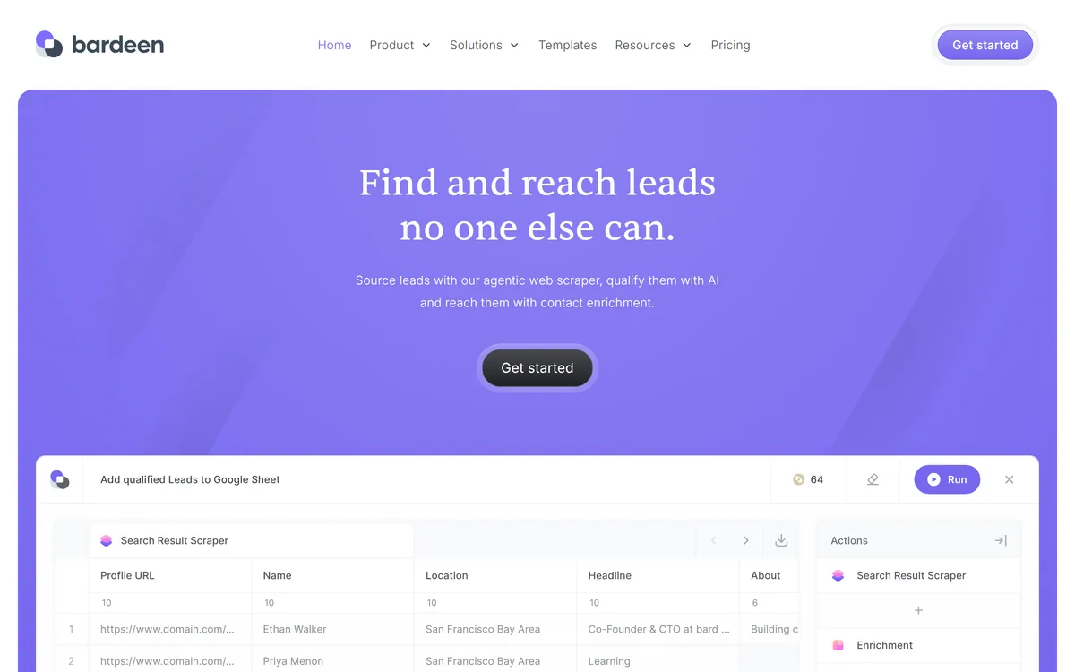 Bardeen homepage showing web scraping, AI lead research and contact enrichment automations