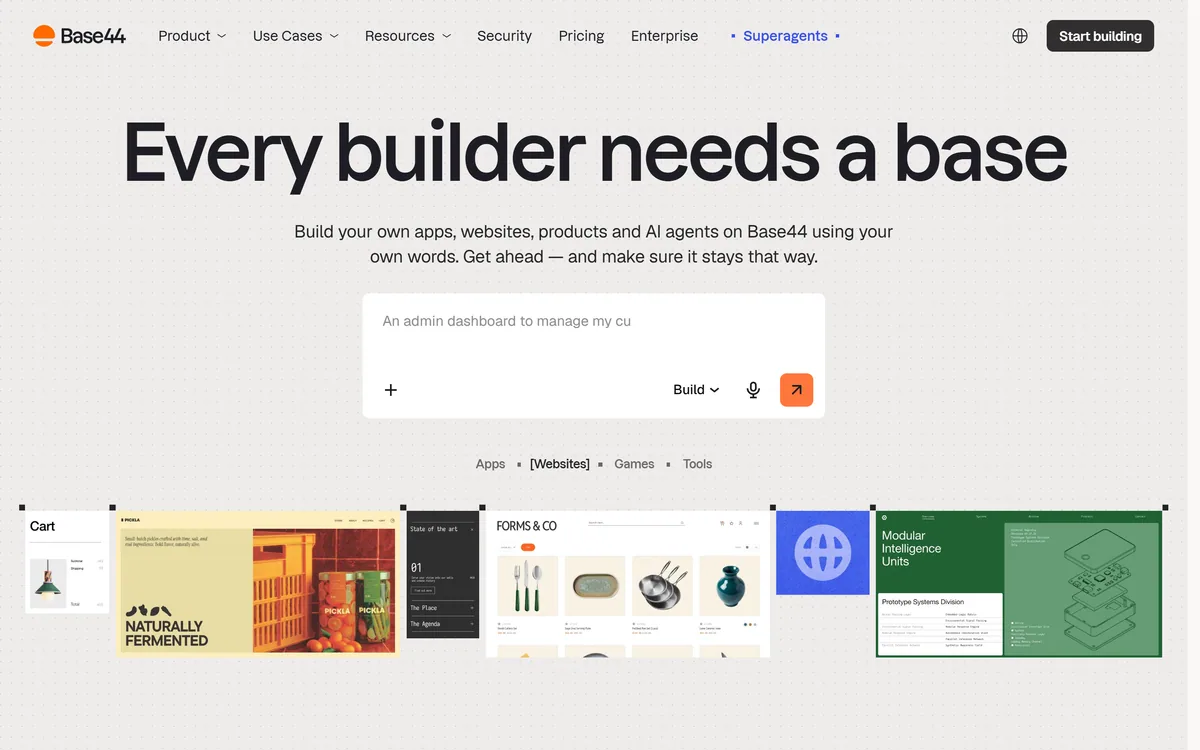 Base44's homepage describing an AI no-code platform for building apps from plain language
