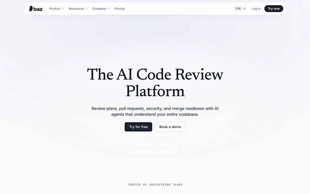 The Baz homepage describing an AI code review platform