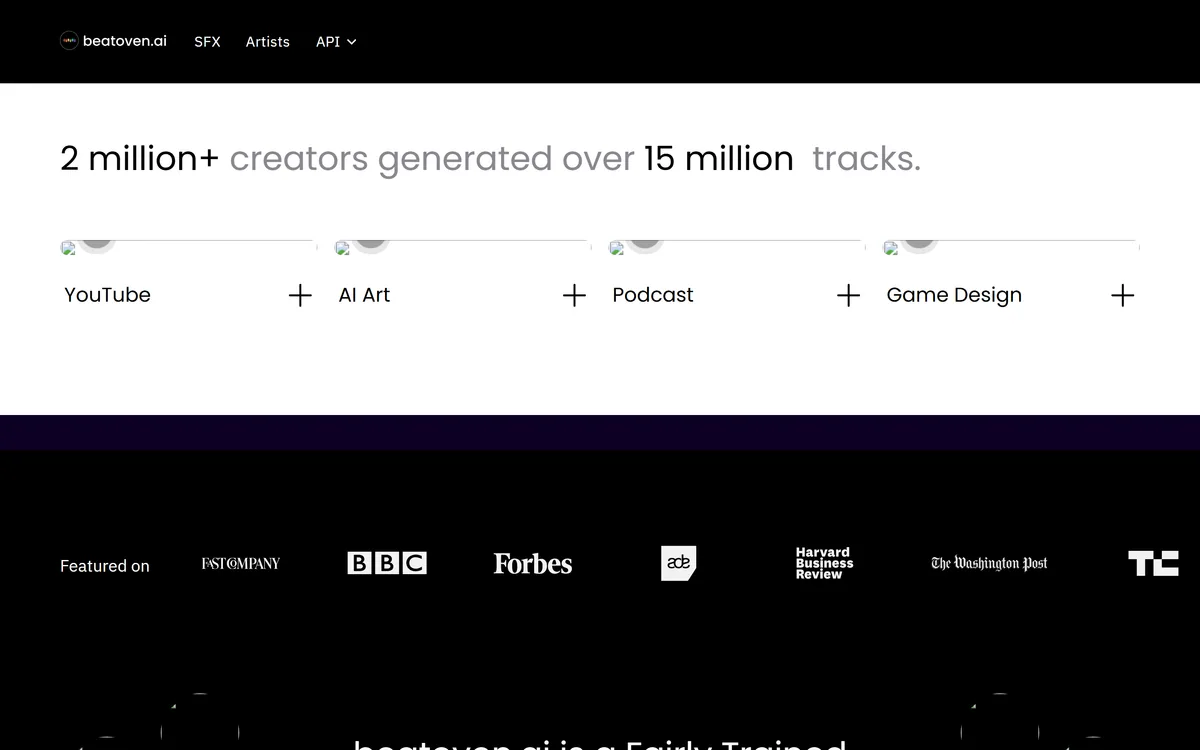 The Beatoven.ai homepage describing a royalty-free AI music generator
