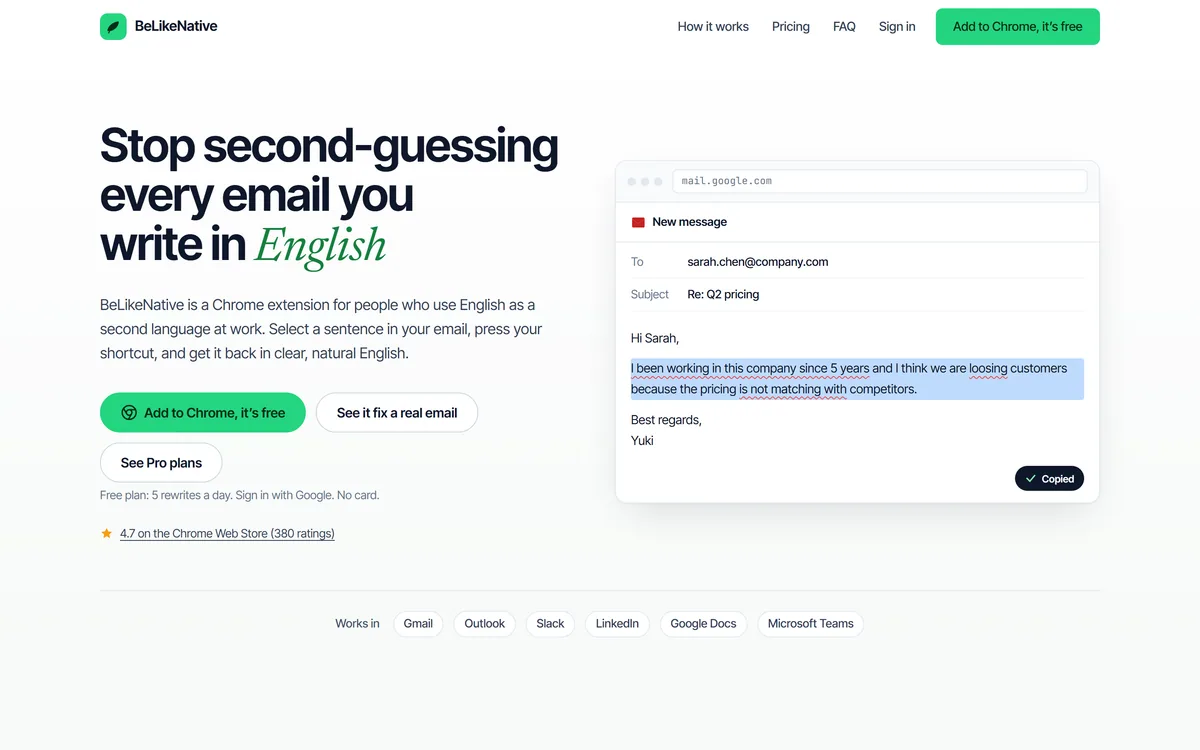 The BeLikeNative homepage showing an AI writing assistant Chrome extension