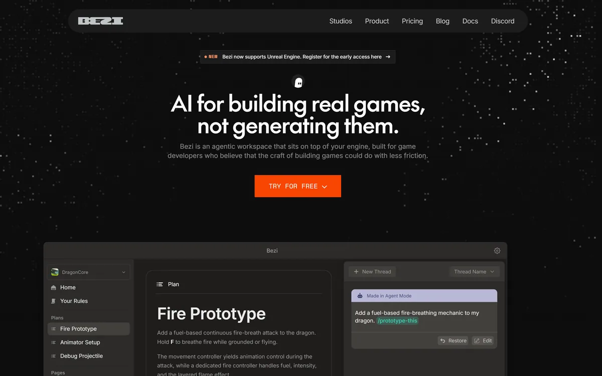 The Bezi homepage describing an AI assistant for Unity game development